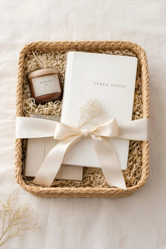 Gift basket with book, candle, and ribbon